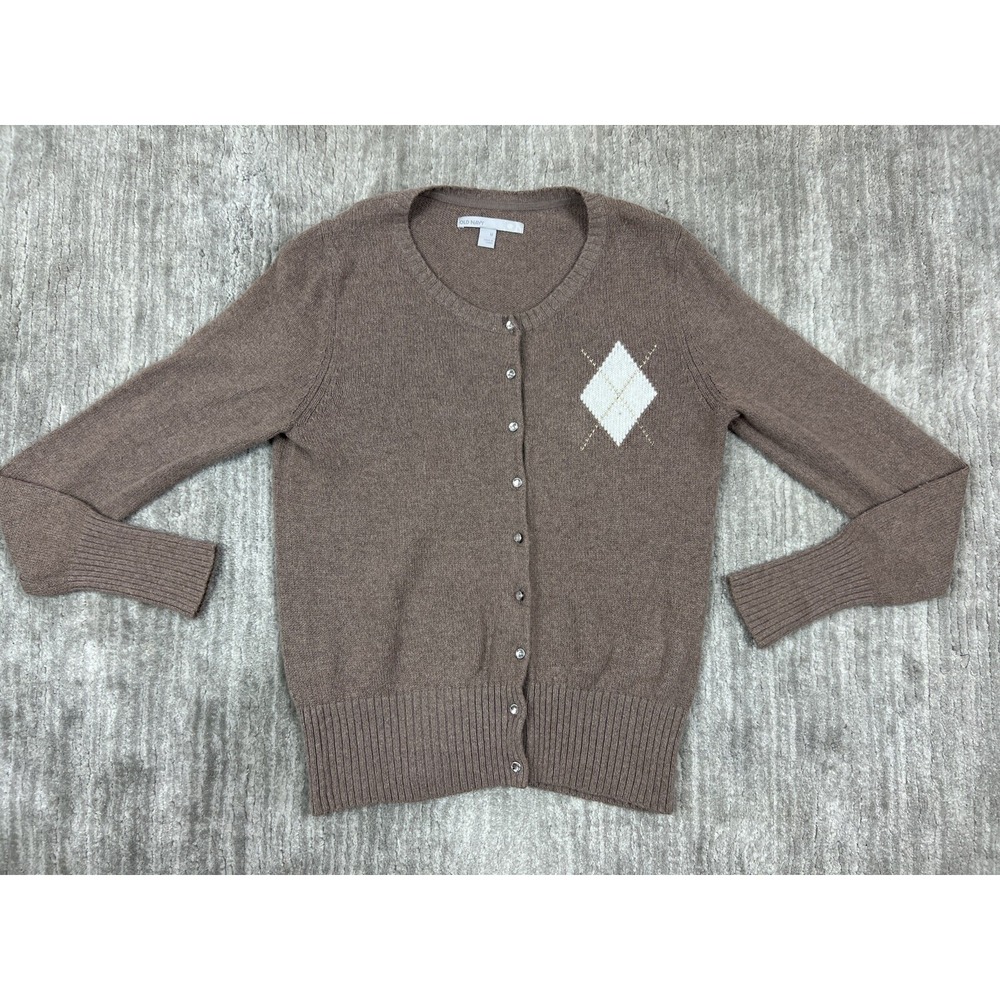 Old Navy Cardigan Sweater Womens Medium Brown Argyle Crystal Button Crew Neck
